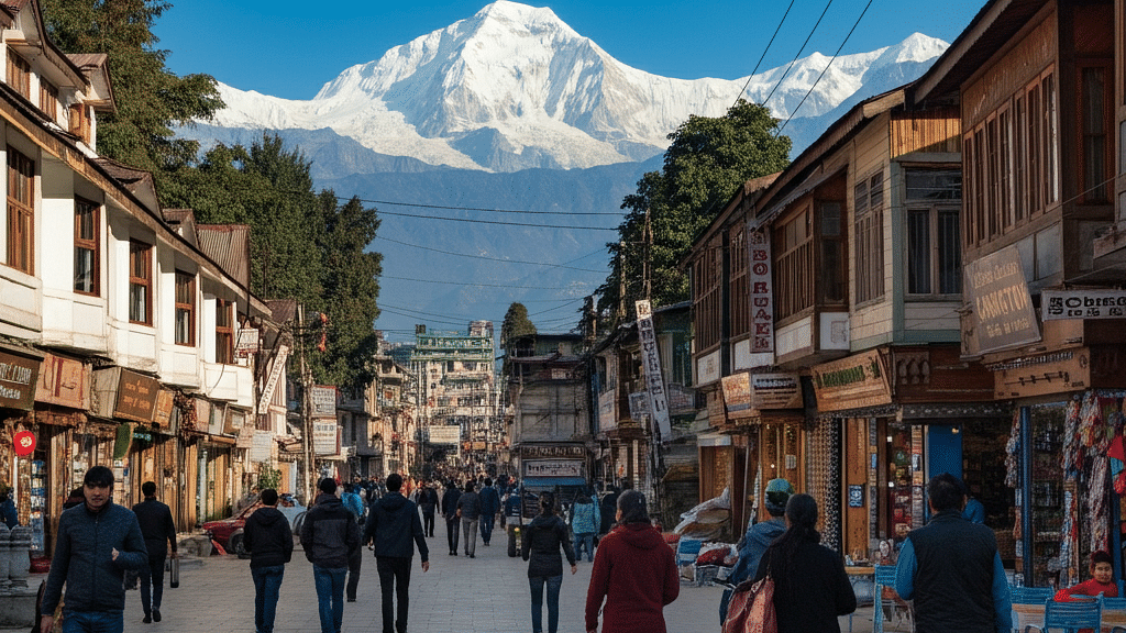 Pedestrians walk along a busy street lined with shops in Gangtok, with the snow-capped Himalayan peaks visible in the clear blue sky.
