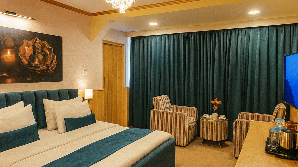 Junior Suite luxury hotel room in Darjeeling featuring king-sized bed with teal accents, chandelier lighting, striped armchairs, and wooden furnishings for a premium 3-star stay