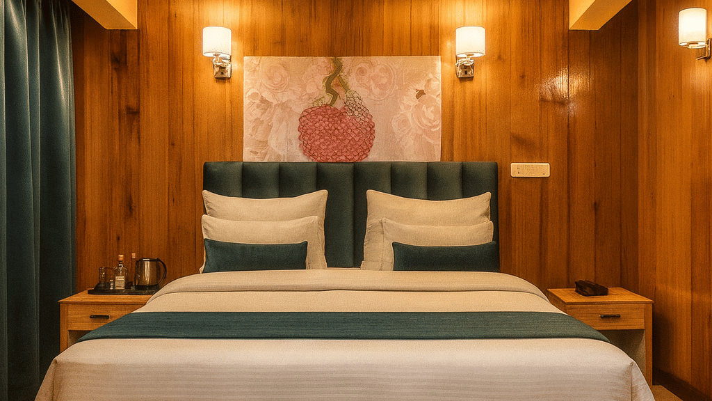 Cozy premium hotel room in Darjeeling with wooden interiors, teal upholstered bed, warm ambient lighting, and elegant wall art