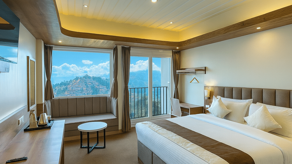 Luxury hotel room in Darjeeling with king-sized bed, elegant wooden interiors, premium lighting, and large window offering panoramic mountain views