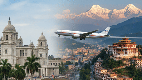 Generate an image Kolkata victoriya memorial to Gangtok city and mountain transition