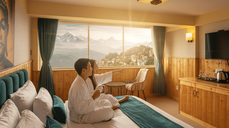 A young couple sitting on a bed in a luxurious Darjeeling hotel room, enjoying a cup of tea while pointing out to a breathtaking sunrise view of the snow-capped Kanchenjunga mountains and the clouds from a large window.