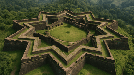 Ruins of star-shaped Manjarabad fort in Sakleshpur located atop a hill surrounded by lush landscapes on a foggy day. It is an ideal place for a weekend getaway near Bangalore.