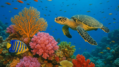 Underwater coral reef scene with a sea turtle and colourful tropical fish swimming among vibrant corals.