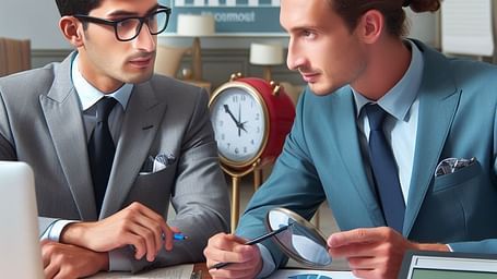 Two men in formal suits discussing graphs and reports in an office setting, with charts, a red clock, a calculator, and a laptop on the table.
