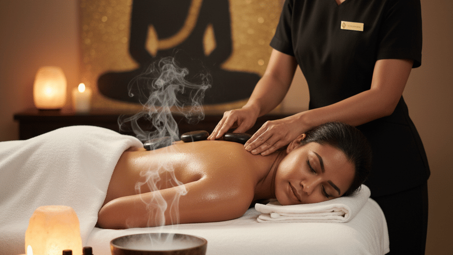 Woman receiving a massage from a therapist with essential oils beside a Buddha statue decor at Bamboo Saa Sunrise Wedding & Wellness Resort, Jaipur.