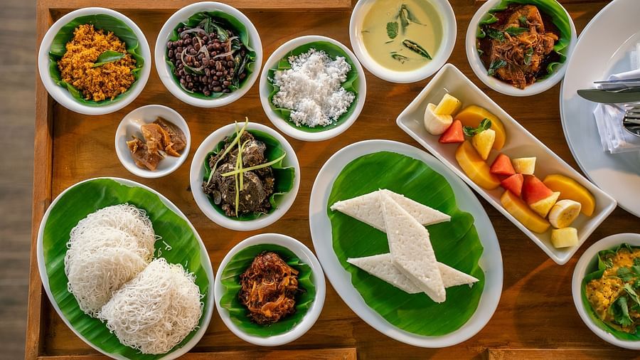 Overhead view of a traditional meal spread on a table