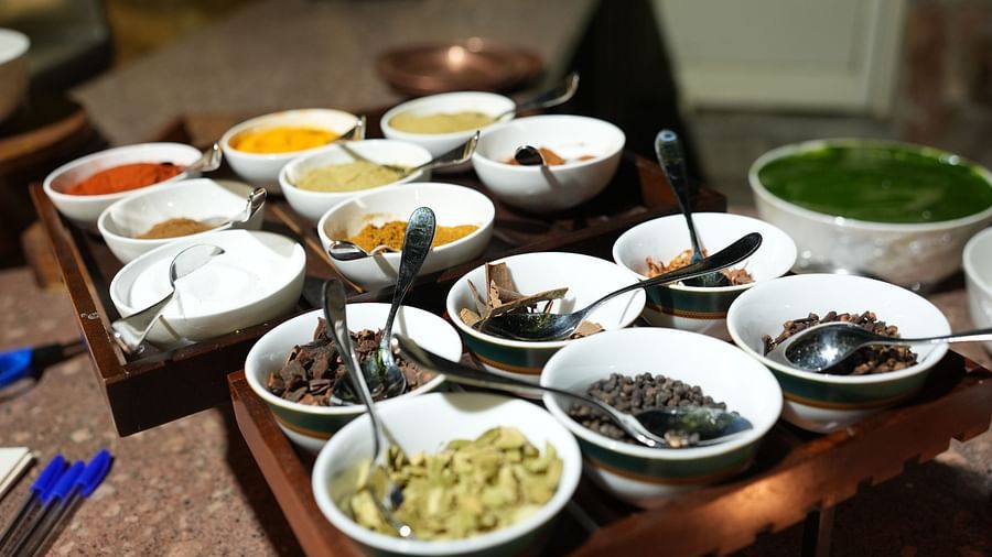 A close-up of a delightful assortment of Indian chutneys and accompaniments - Khas Bagh, Jaipur.