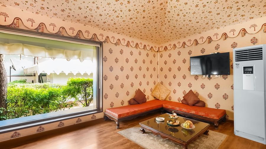An overview of a living room inside one of the rooms - Rajasthali Resort & Spa, Jaipur.