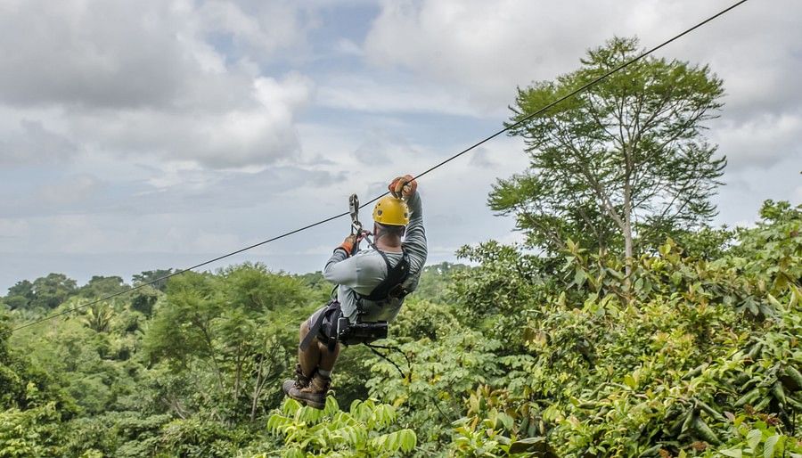 A close-up of a man ziplining through a lush green forest, wearing a helmet and harness, with an excited expression as he glides above the treetops.
