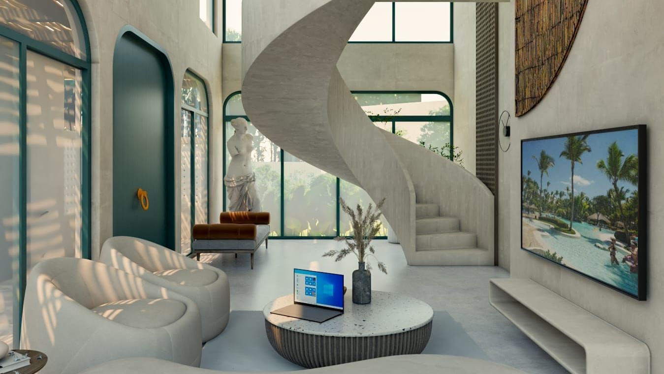 A contemporary room featuring a winding spiral staircase and modern furniture in a neutral colour palette - Avanya Resorts Private Limited, Chennai