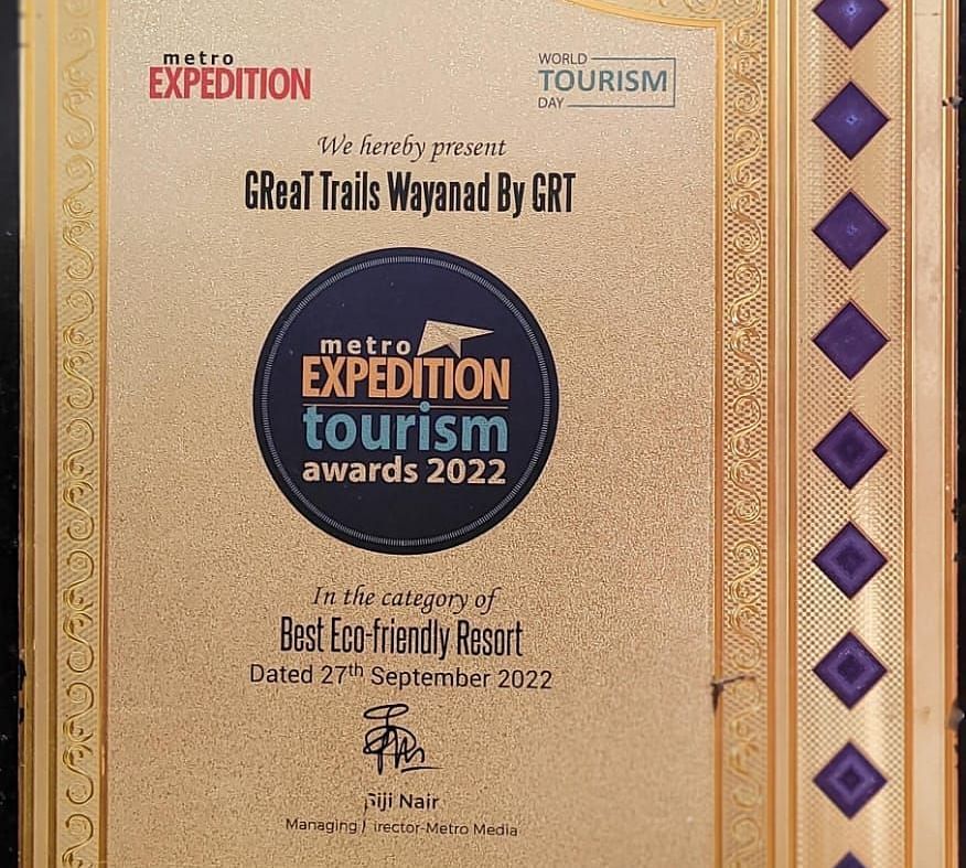 Certificate showing GReat Trails Wayanad By GRT receiving metro EXPEDITION Tourism awards 2022.