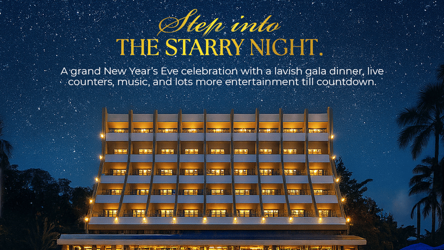 New Year's Eve Banner for The Resort Mumbai featuring its facade and inclusions, all starting from Rs. 21,000