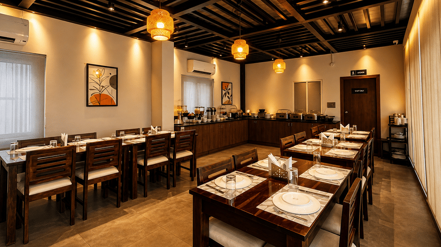 Indoor restaurant at Hotel Kyzen Smart Stays Madhapur with neatly arranged wooden dining tables, chairs, framed artwork on walls, and warm ambient ceiling lighting.