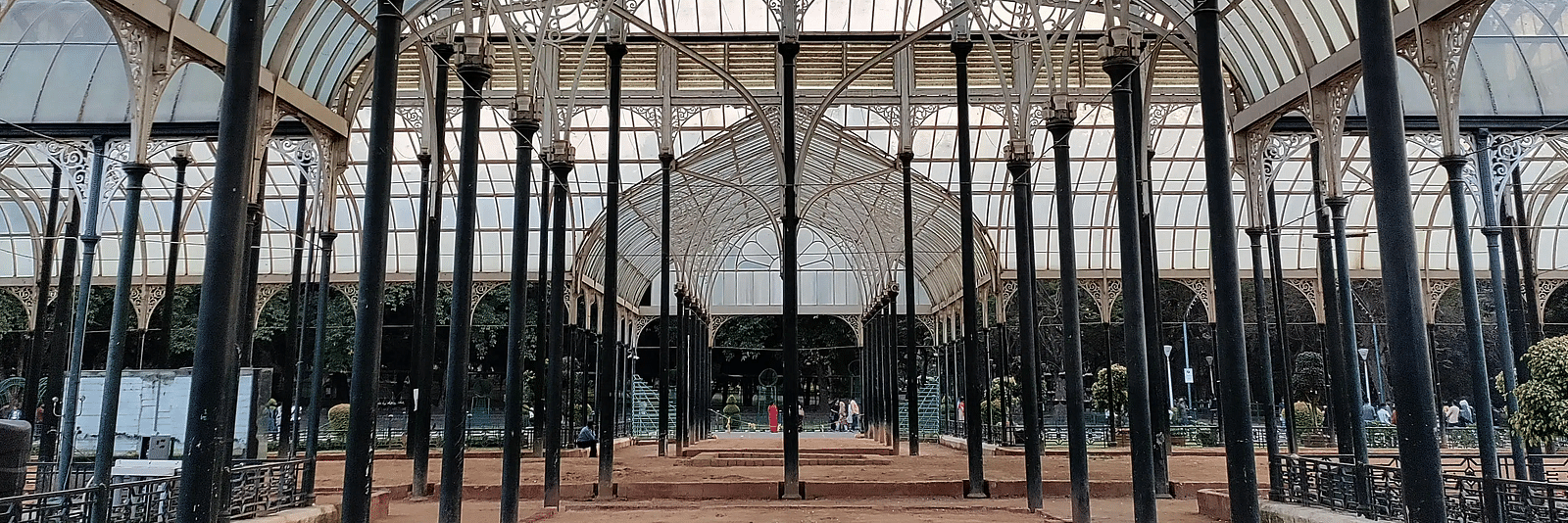 A spacious glasshouse with an ornate metal framework and tall, dark pillars over a sandy ground.