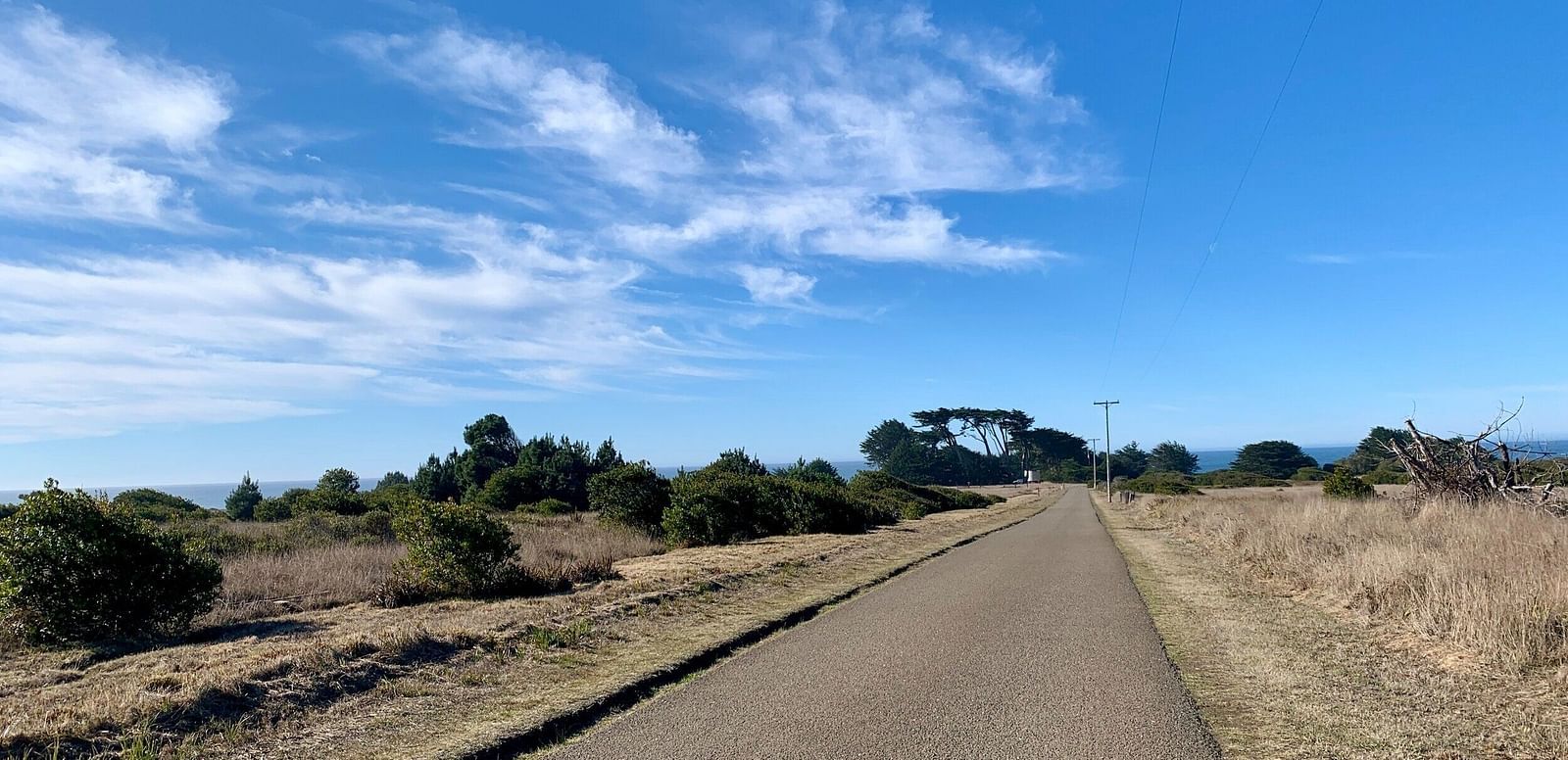 A paved path stretches into the distance through a landscape with sparse vegetation under a bright sky with wispy clouds.
