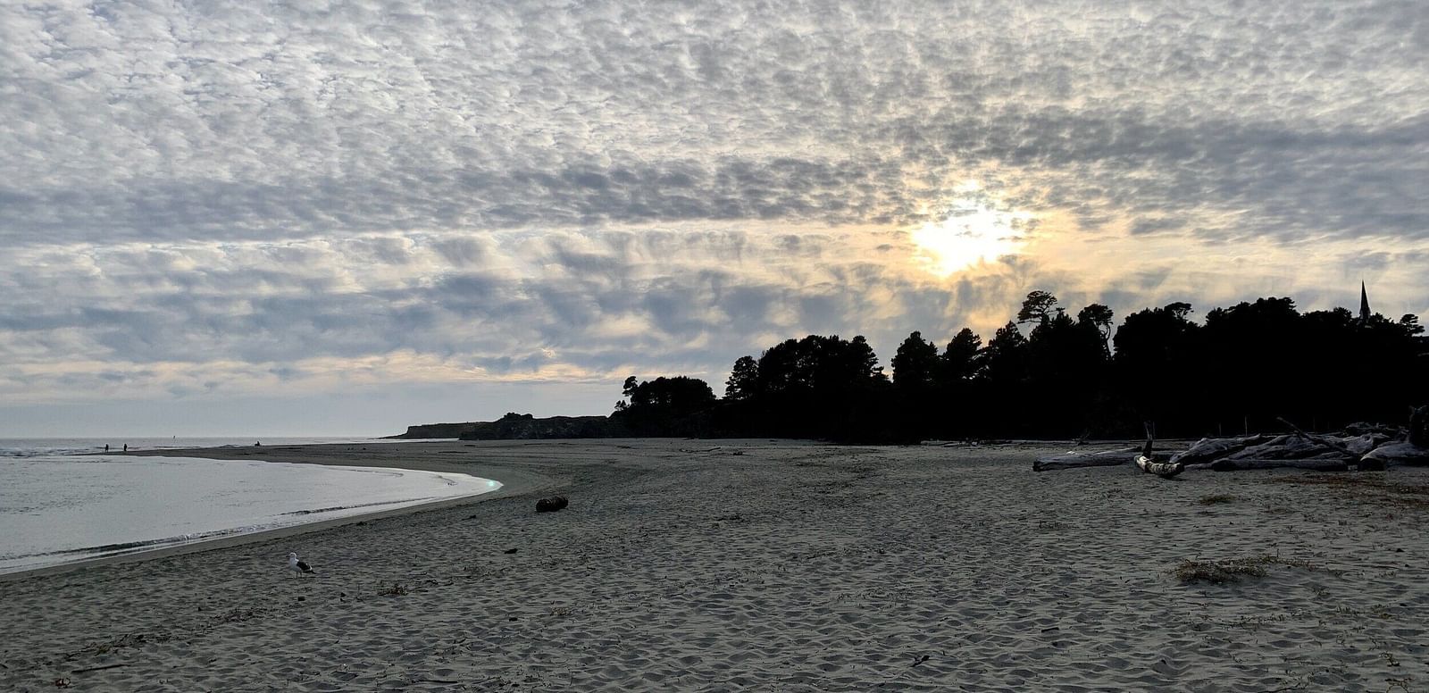 A wide sandy beach stretches towards a distant tree line under a dramatic, textured sky with the sun breaking through.