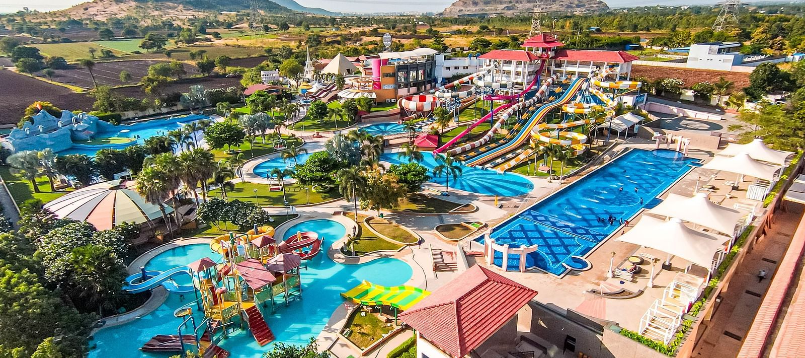 Aerial view of Crescent Water Park, Indore, showcasing all the exciting rides