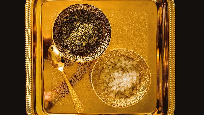 Brass metalware with spices in it