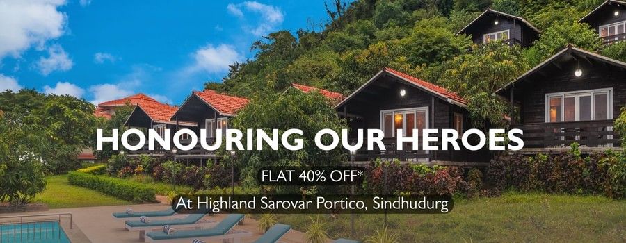 Promotional banner for Highland Sarnour Portico, Sarchu, featuring chalet-style cottages and a poolside view with the offer text Honouring Our Heroes – Flat 40% Off.
