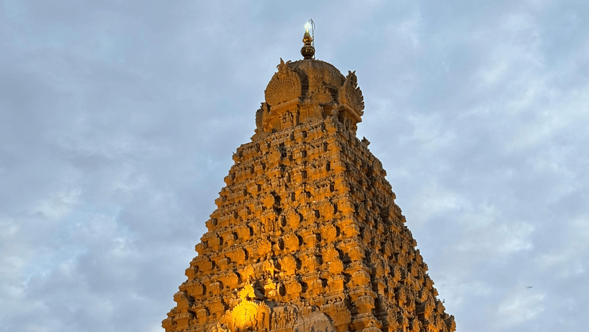 A photograph of the main temple tower, or vimana, of the Brihadeeswarar Temple in Thanjavur, India.