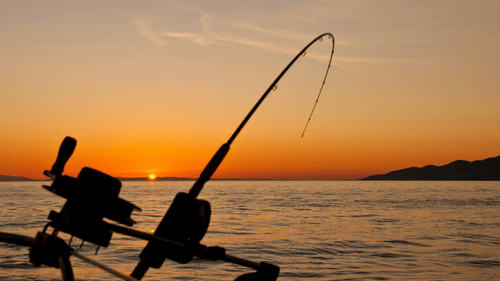 A fishing rod positioned over water at sunset with the sky turning orange.