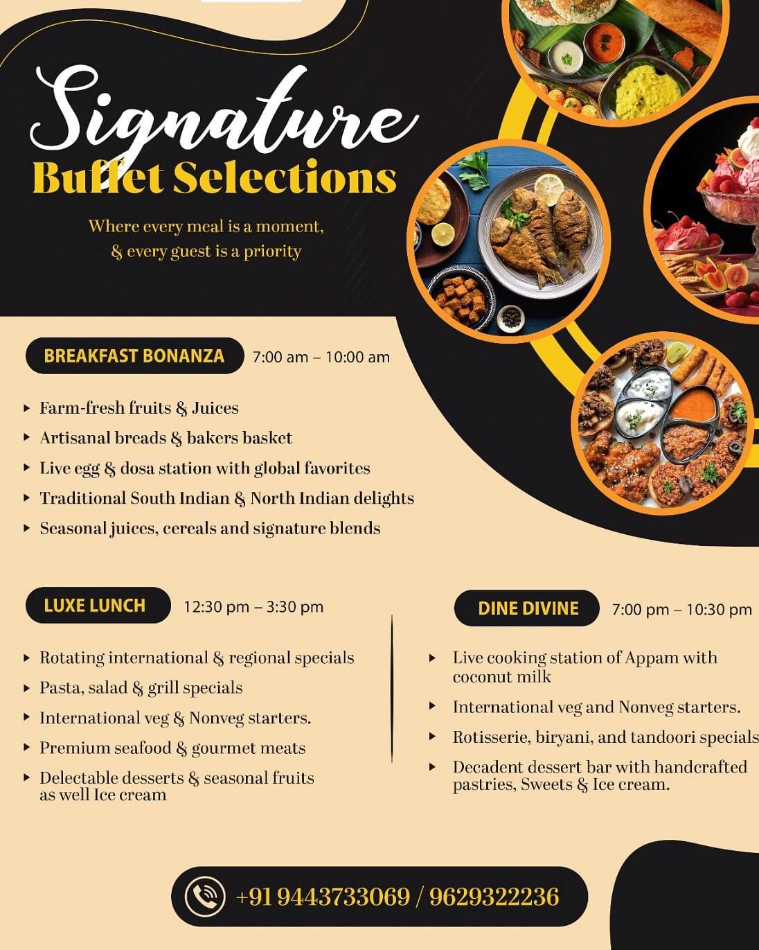 SRM Hotel signature food selection menu featuring traditional South Indian dishes, biryanis, and specialties with appetizing food photography and dining options