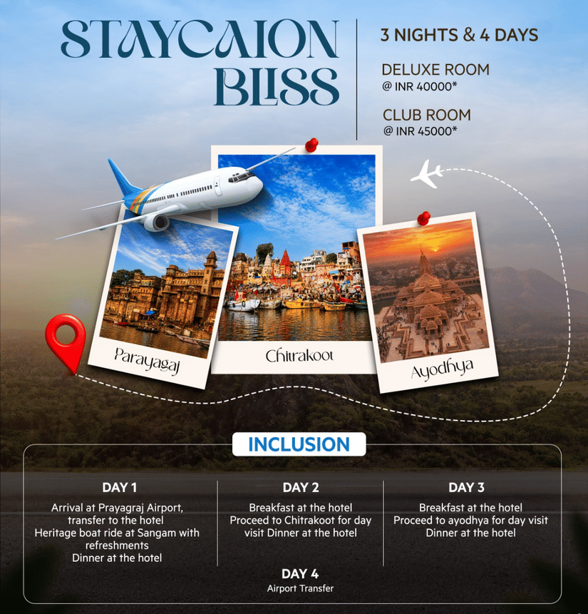 Staycation offer poster for Hotel Kanha Shyam featuring travel photos, the text Staycation Bliss, package details and a book now button below.