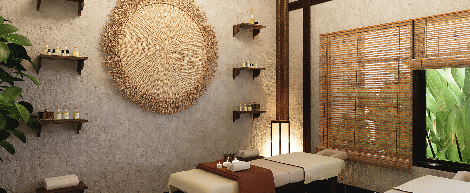 A room with two massage tables, a round woven wall hanging, shelves, and blinds on a window - Rhino and River BluSalzz Collection, Pobitora