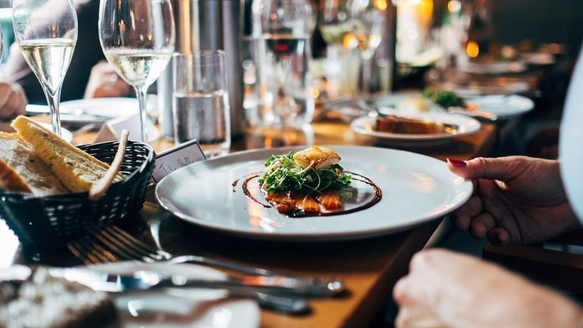 A dish served on the table, featuring subtle decorations.