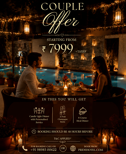 A creative with a couple facing each other in a candle light dinner setup with validity and pricing. | Pride Plaza Ahmedabad