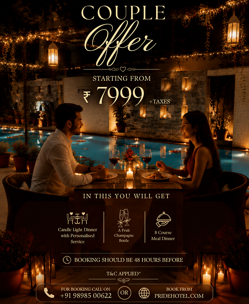 A creative with a couple facing each other in a candle light dinner setup with validity and pricing. | Pride Plaza Ahmedabad