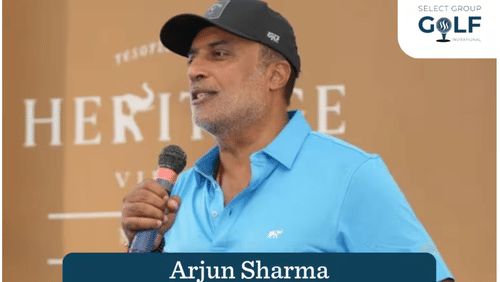 Arjun Sharma speaking at Select Group Golf Invitational event.