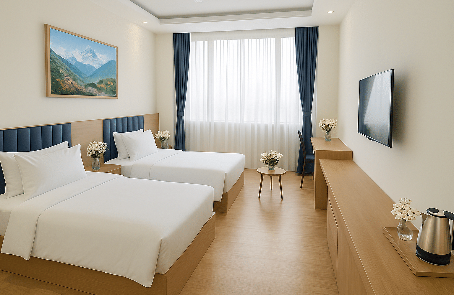 Side view of Executive Twin Room with cosy twin beds, wall-mounted TV, and a corner chair-table setup at Summit Norling Resort & Spa, Gangtok
