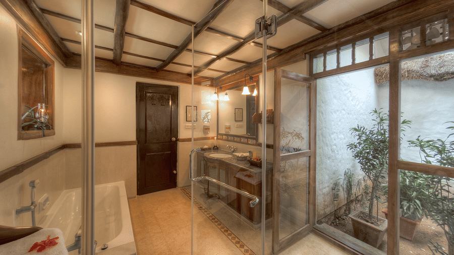 Elegantly designed villa bathroom interior of Lily Pool Room at Evolve Back Coorg