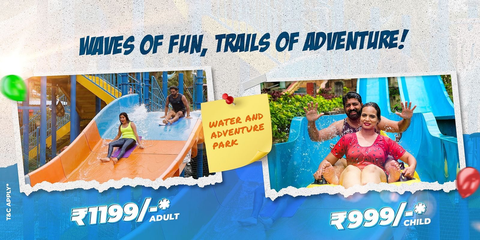 A graphics card showing two different picture of people enjoying water slides | Diamond Parks, Pune