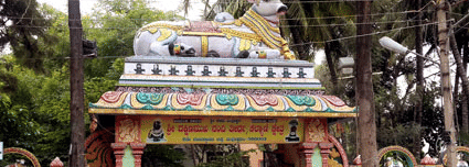 The entrance gate to the Malleshwaram Temple in Bengaluru surrounded by tall green plants.