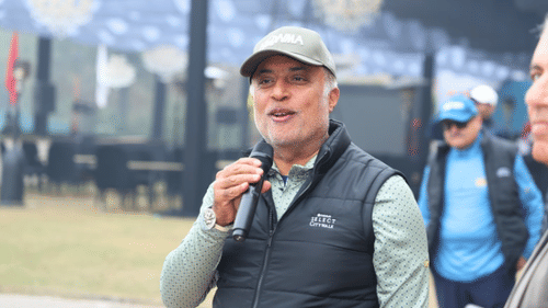 An image of Arjun Sharma giving a speech at the second annual select group event - Heritage Village Resort and Spa