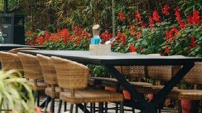 Outdoor café-style seating area at Karma Chalets with wooden tables and green chairs surrounded by plants and flowers.