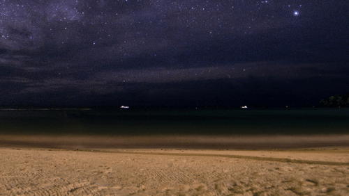 Star-filled night sky over a quiet beach, with the Milky Way stretching above calm seas and softly lit sandy shoreline