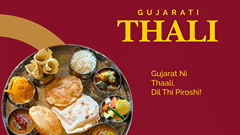 A poster with a thali placed with versatile dishes next to the contact and location details. | Pride Plaza Ahmedabad