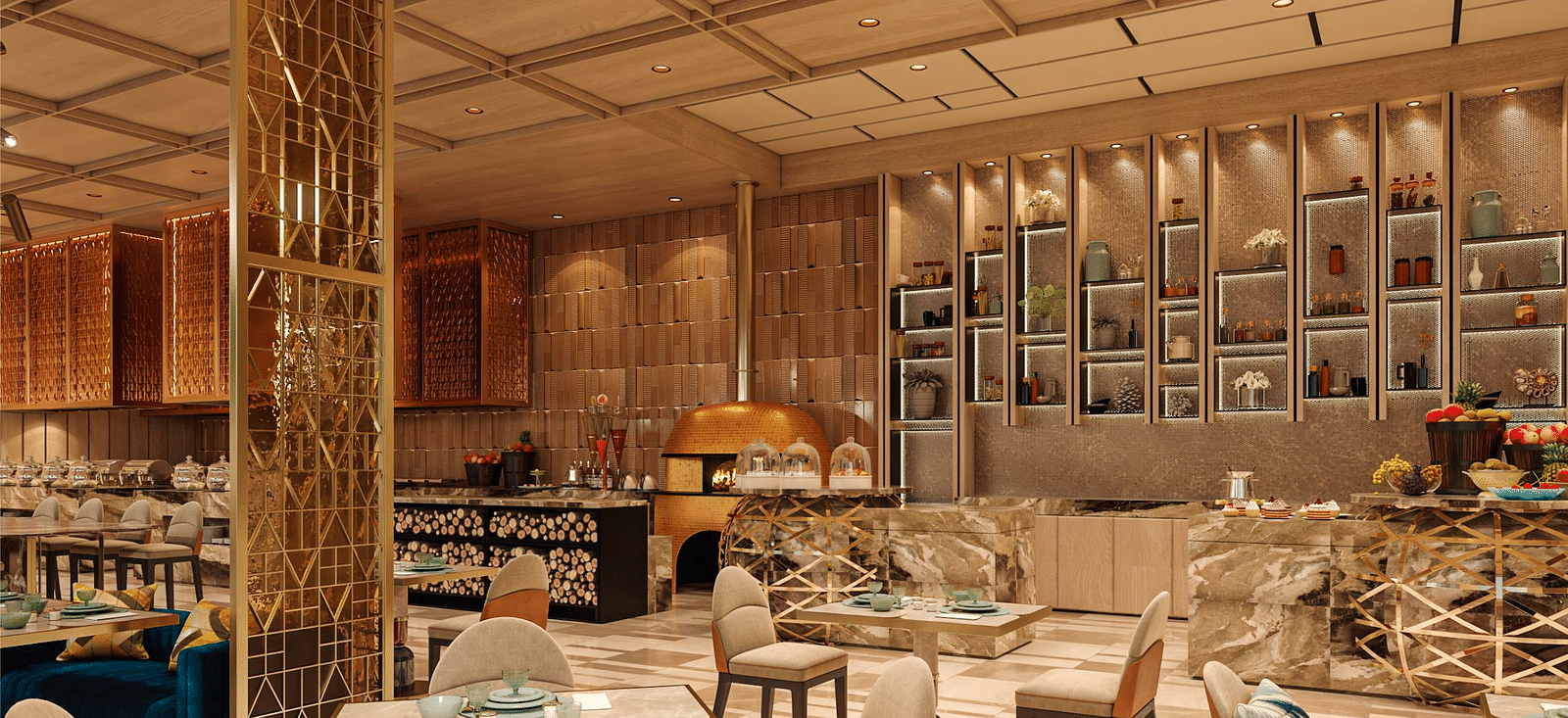 A warmly well-lit restaurant seating area with tables and chairs, pillar and modern interior. 