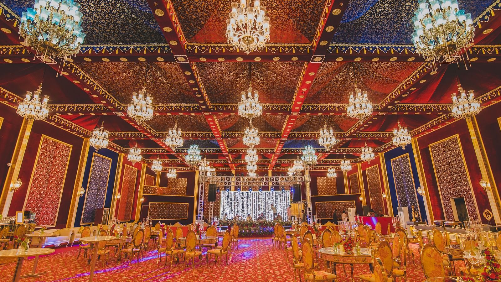An overview of the seating arrangement inside a banquet hall - Rajasthali Resort & Spa, Jaipur.