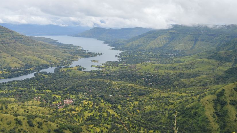 overhead image of a lake in a valley in Lonavala