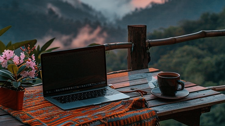 A picturesque outdoor breakfast setup with a laptop and tea on a terrace overlooking misty mountain ranges at sunrise.