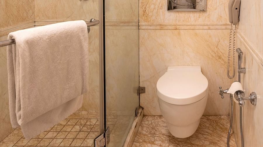 image of a bathroom with a cubical shower and a commode - The Claridges Nabha Residence
