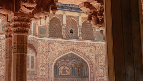 An interior, close up shot of Amer Fort in Jaipur.