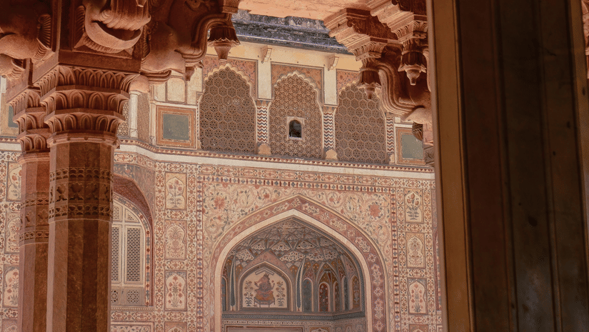 An interior, close up shot of Amer Fort in Jaipur.