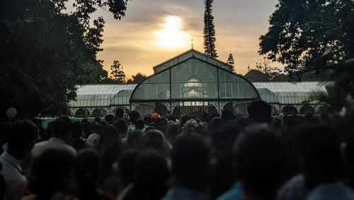 A far out view of the glasshouse inside lalbagh botanical garden