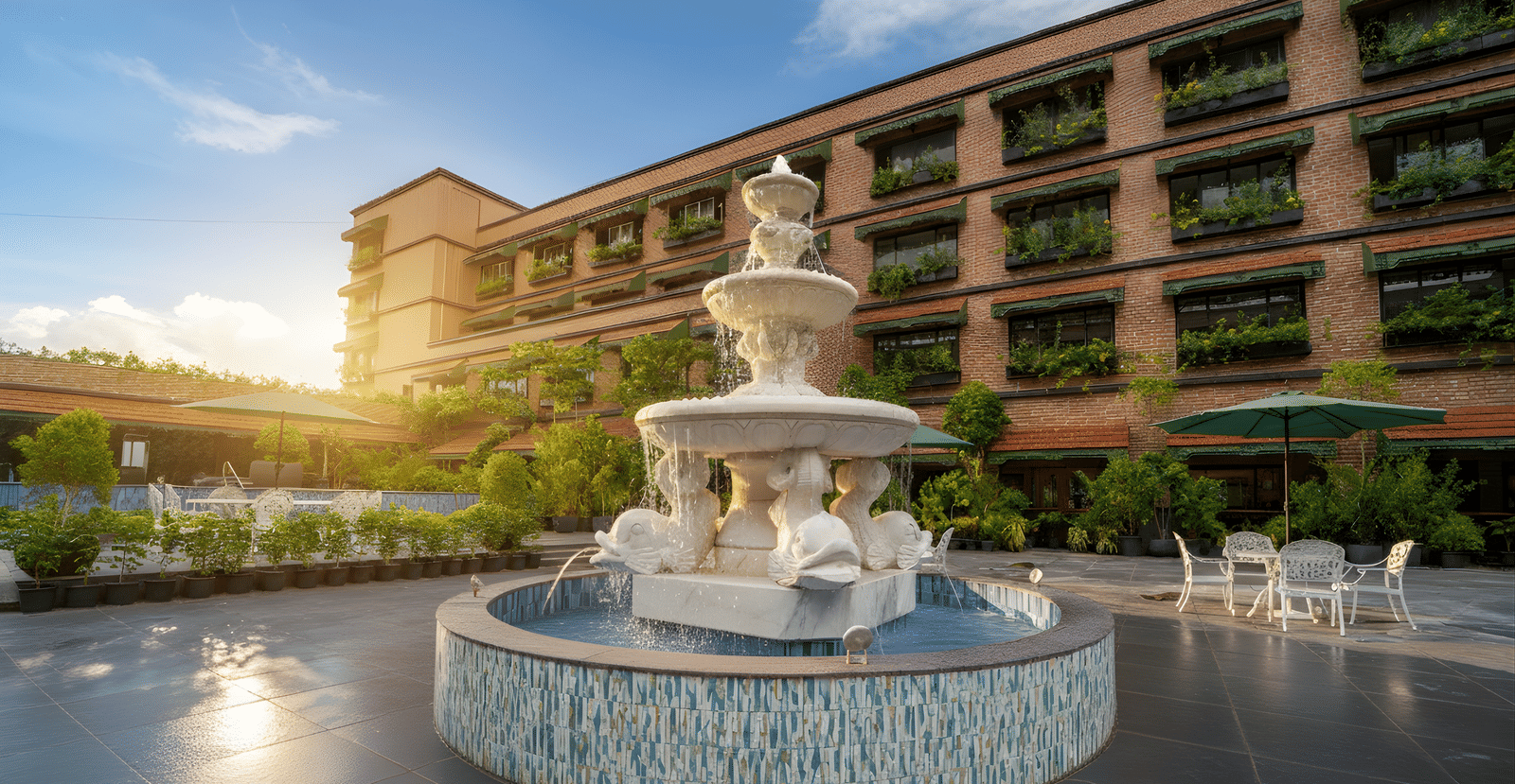 A courtyard fountain with multiple tiers, flowing water, surrounding outdoor seating and the resort’s facade in the background during sunset at MAYFAIR Bay Resort, Paradeep.